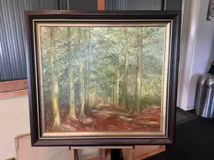 ‘Boslaan’ – olieverf op doek van W. v. d. Berghe (1985), ingelijst