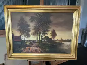 Olieverfschilderij ‘Boslandschap met waterpartij’ – R. Deleu, 91x121 cm met lijst