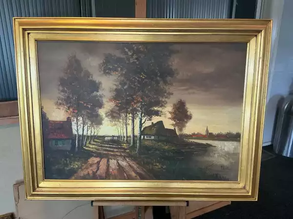 Olieverfschilderij ‘Boslandschap met waterpartij’ – R. Deleu, 91x121 cm met lijst
