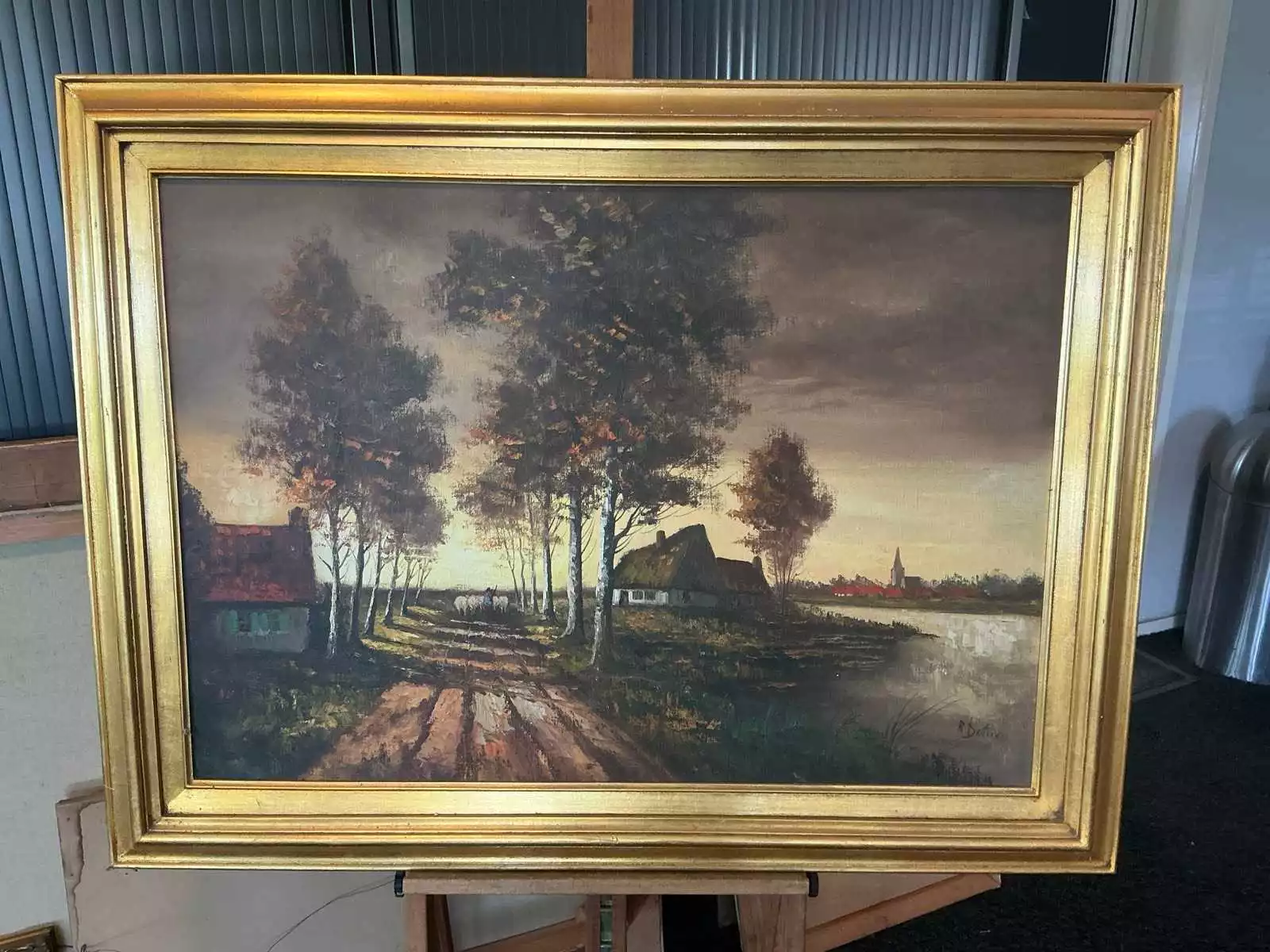 Olieverfschilderij ‘Boslandschap met waterpartij’ – R. Deleu, 91x121 cm met lijst