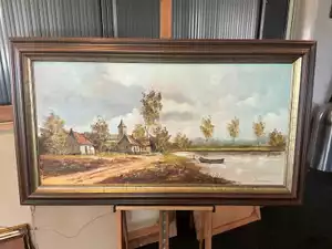 Olieverfschilderij ‘Rivierlandschap met boerderijen en roeiboot’ – Liemm (80 x 140 cm, incl. lijst)
