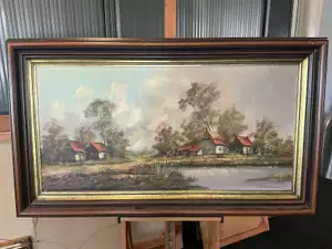 Olieverfschilderij ‘Dorpsgezicht met boerderijen’ – R. Wolters, gesigneerd, 84 x 144 cm met lijst