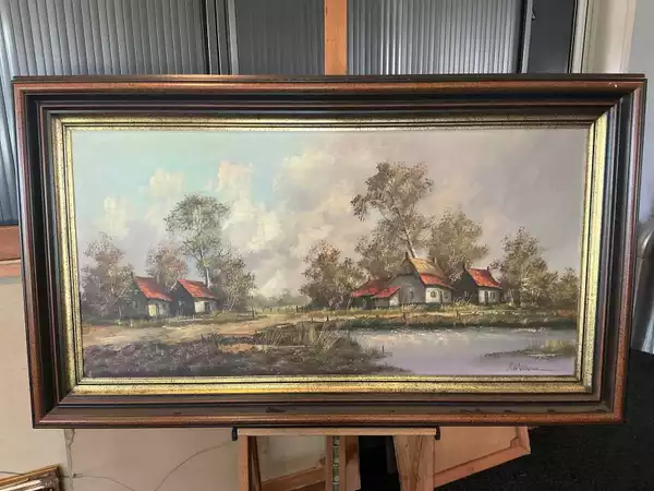Olieverfschilderij ‘Dorpsgezicht met boerderijen’ – R. Wolters, gesigneerd, 84 x 144 cm met lijst