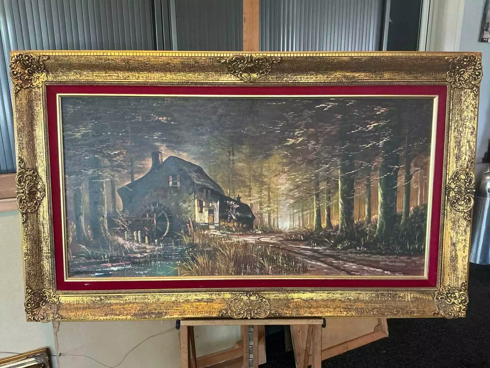 Olieverfschilderij ‘Watermolen in boslandschap’ van Boert, ingelijst 88 x 148 cm