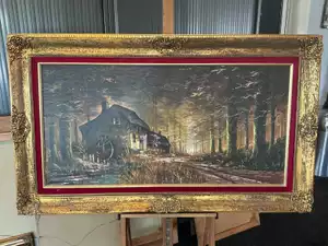 Olieverfschilderij ‘Watermolen in boslandschap’ van Boert, ingelijst 88 x 148 cm