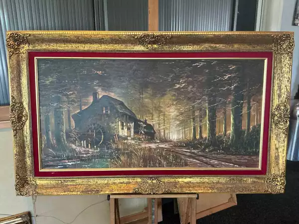Olieverfschilderij ‘Watermolen in boslandschap’ van Boert, ingelijst 88 x 148 cm