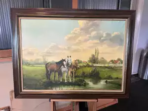 Olieverfschilderij ‘Drie paarden in weidelandschap’ van R. Bernaeijge, incl. lijst (90x120 cm)