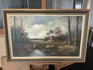 Olieverfschilderij ‘Landelijk landschap met schapen’ – H. Debeuf, in lijst
