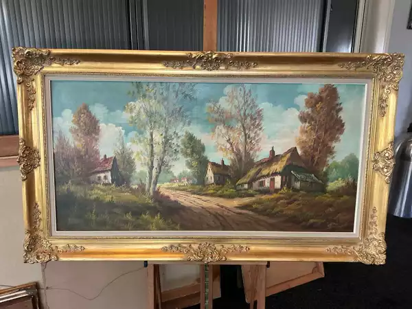 Cordier – 'Dorpsgezicht met boerderijen', olieverf op doek, ingelijst (81,5 x 141,5 cm)