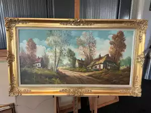 Cordier – 'Dorpsgezicht met boerderijen', olieverf op doek, ingelijst (81,5 x 141,5 cm)