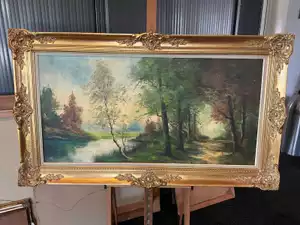 Olieverfschilderij ‘Boslandschap met waterpartij’ met lijst, 83 x 144 cm, gesigneerd